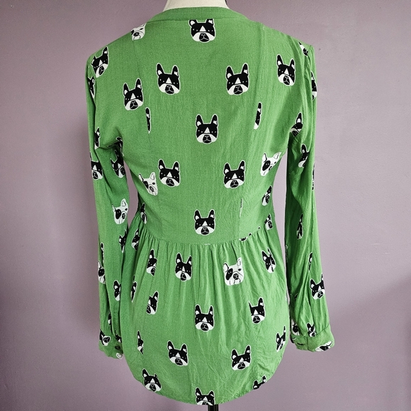 Maeve Anthropologie Green Dog Print Pintucked Button Down Peplum Blouse - Picture 9 of 15
